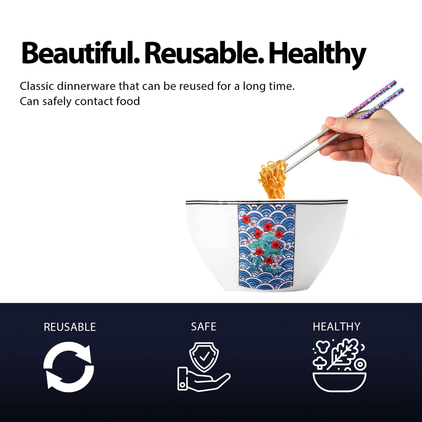 Cherry Blossom Ceramic Ramen Bowl With Reusable Stainless Steel Chopsticks
