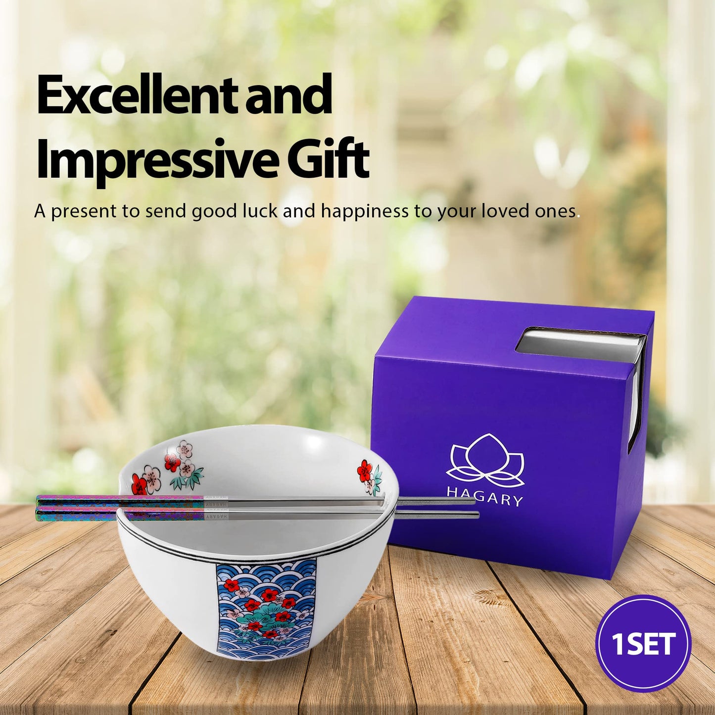 Cherry Blossom Ceramic Ramen Bowl With Reusable Stainless Steel Chopsticks
