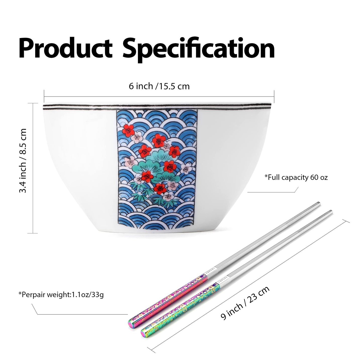 Cherry Blossom Ceramic Ramen Bowl With Reusable Stainless Steel Chopsticks