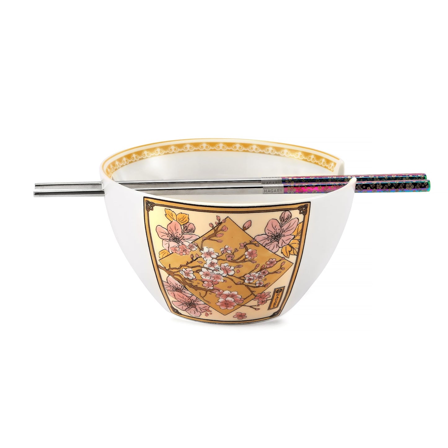 Cherry Blossom Ceramic Ramen Bowl With Reusable Stainless Steel Rainbow Chopsticks