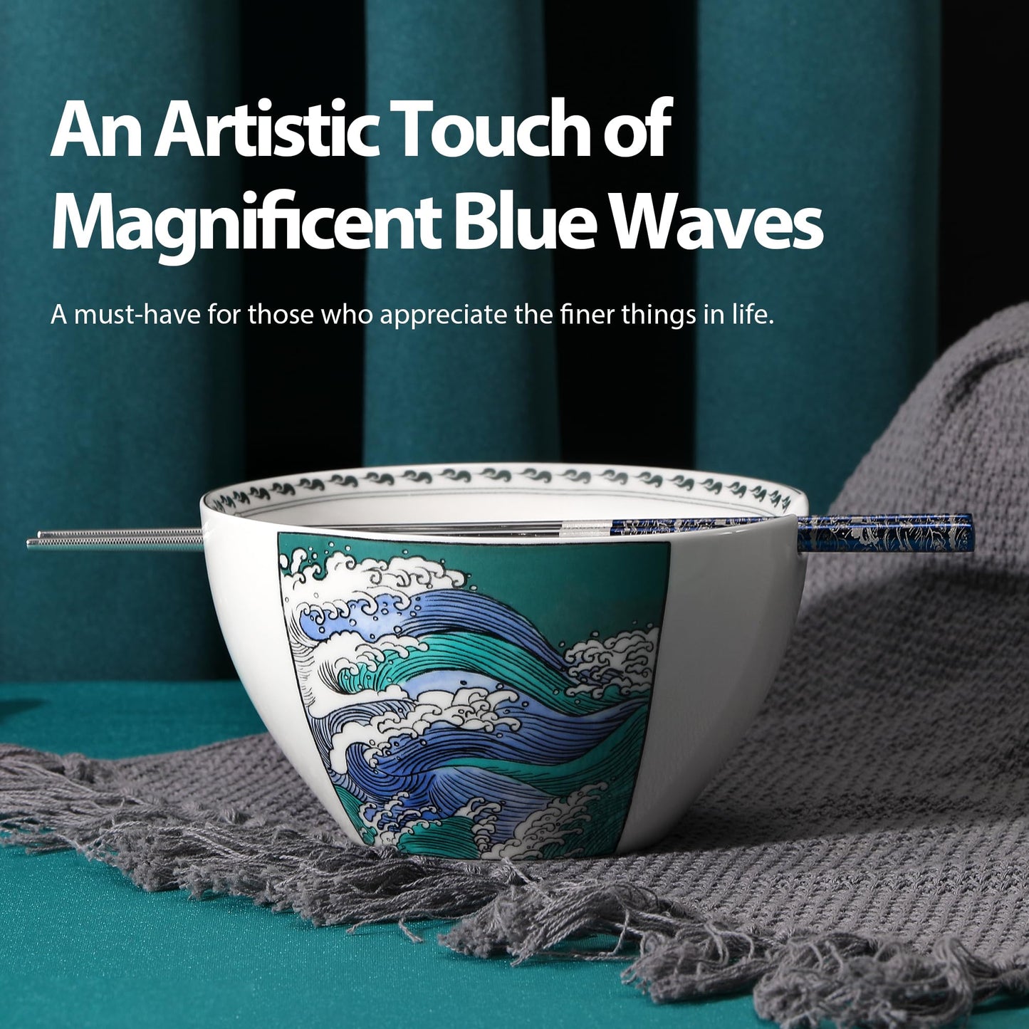 Wave Ceramic Ramen Bowl With Reusable Stainless Steel Chopsticks