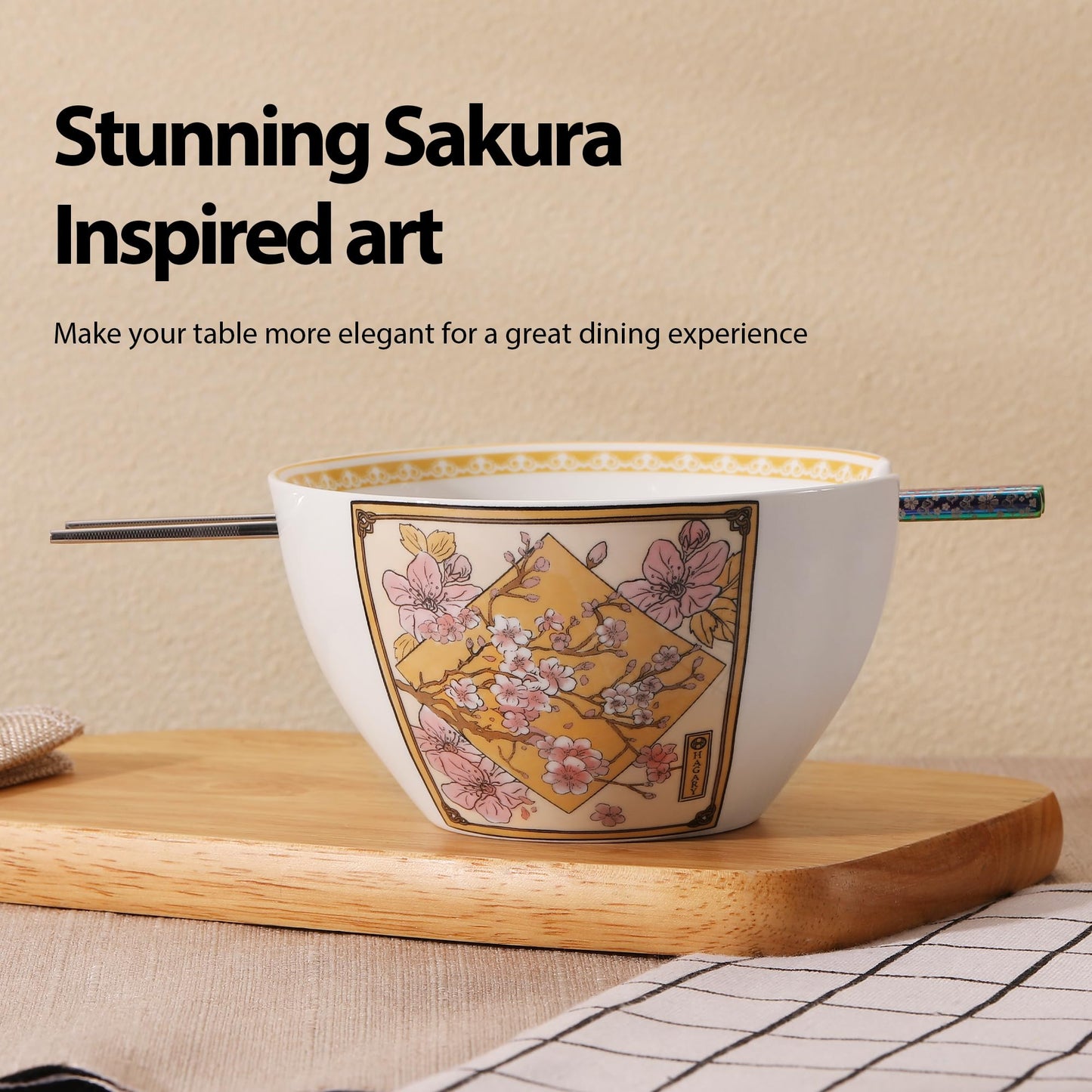 Cherry Blossom Ceramic Ramen Bowl With Reusable Stainless Steel Rainbow Chopsticks