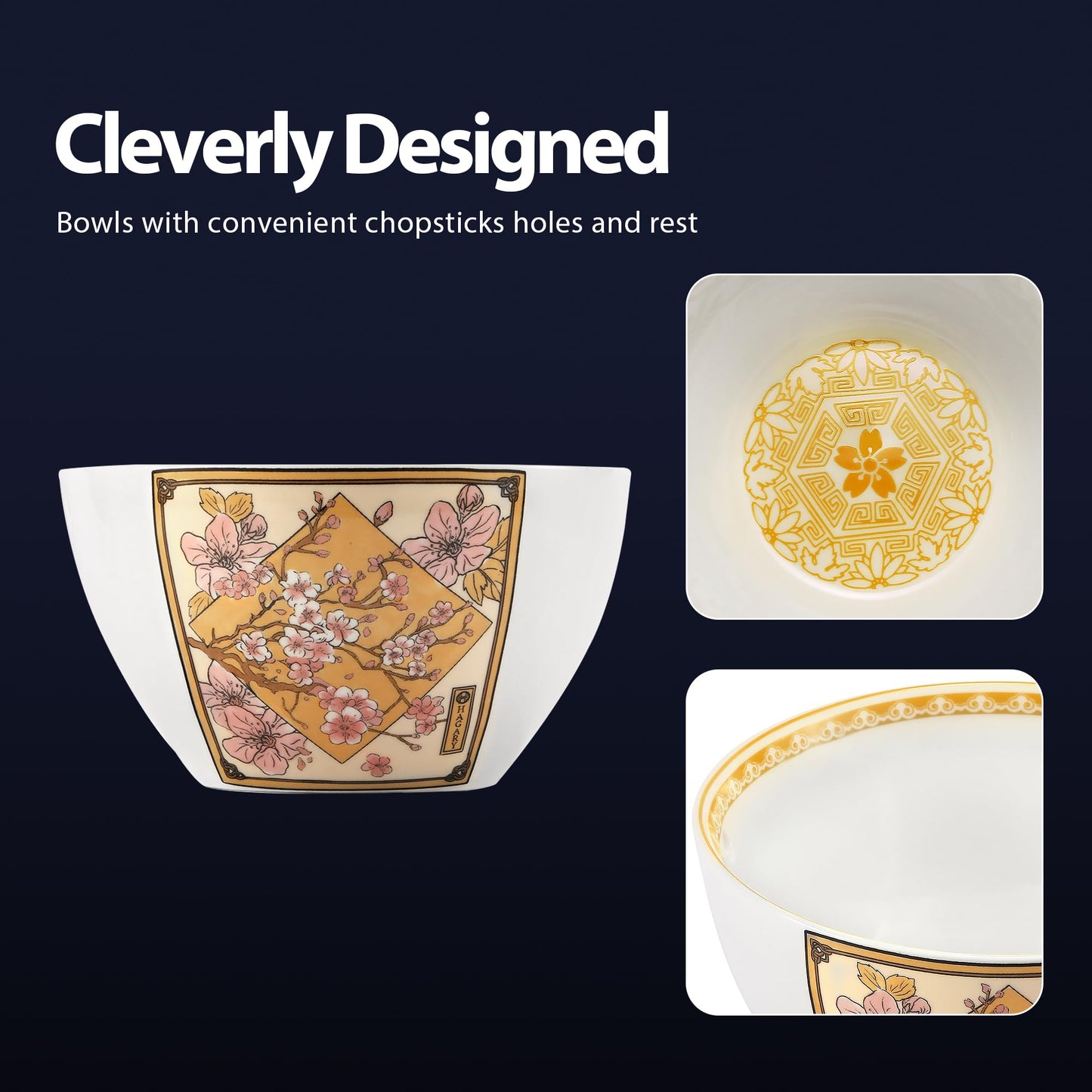 Cherry Blossom Ceramic Ramen Bowl With Reusable Stainless Steel Rainbow Chopsticks