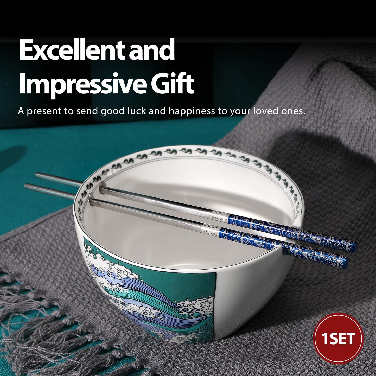 Wave Ceramic Ramen Bowl With Reusable Stainless Steel Chopsticks