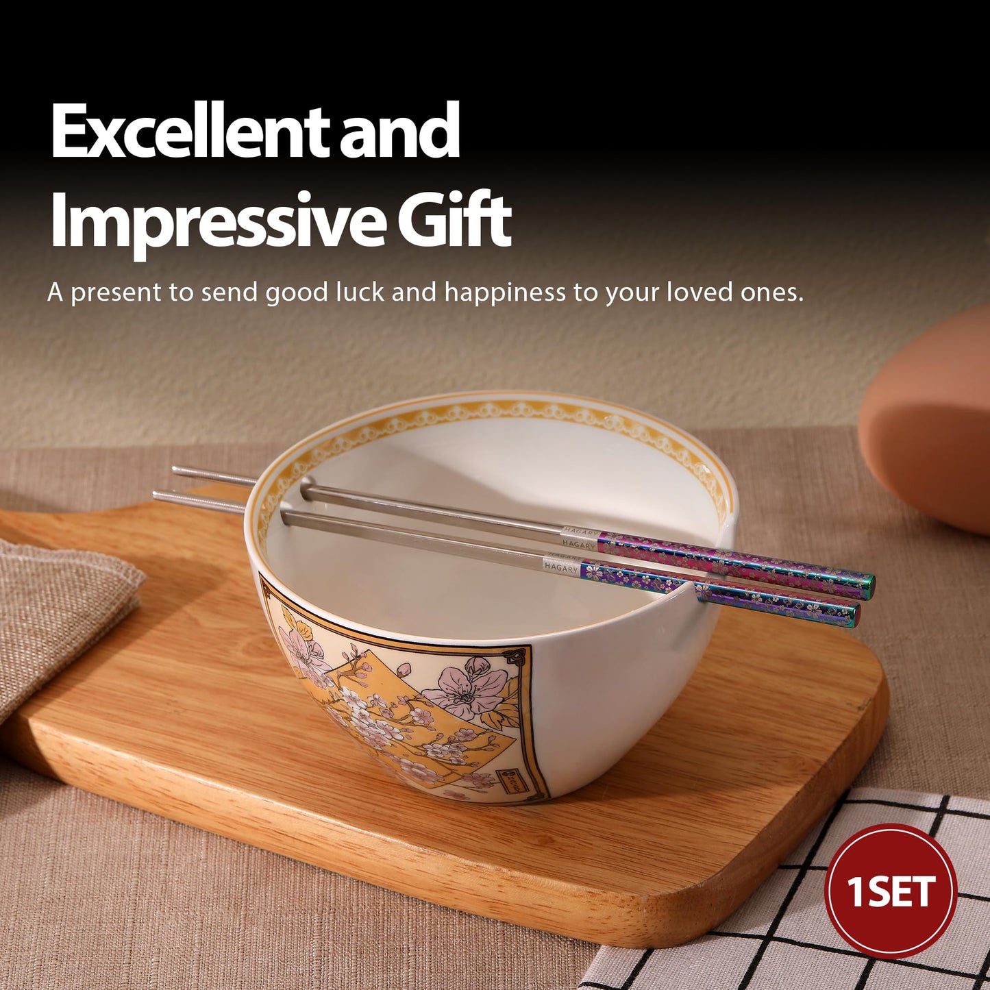 Cherry Blossom Ceramic Ramen Bowl With Reusable Stainless Steel Rainbow Chopsticks