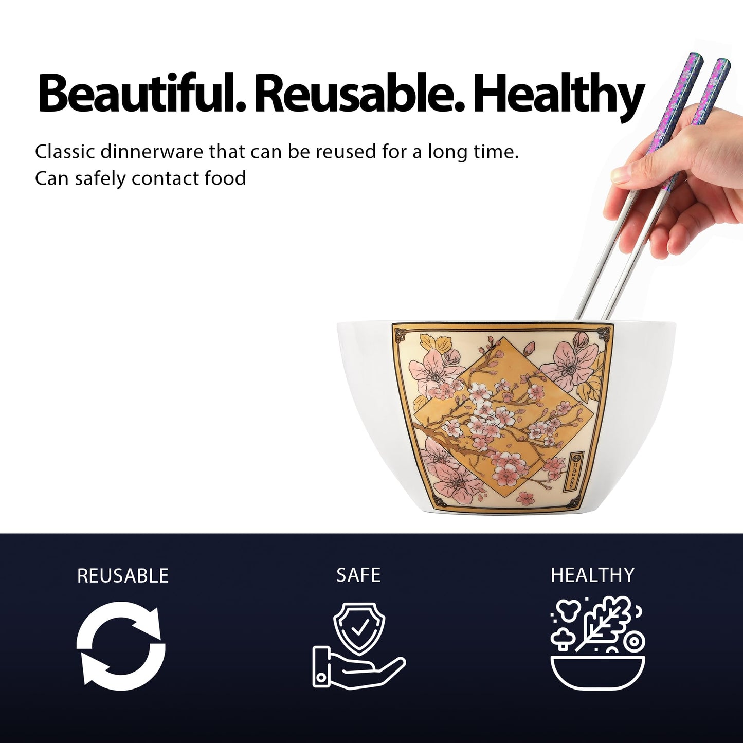 Cherry Blossom Ceramic Ramen Bowl With Reusable Stainless Steel Rainbow Chopsticks