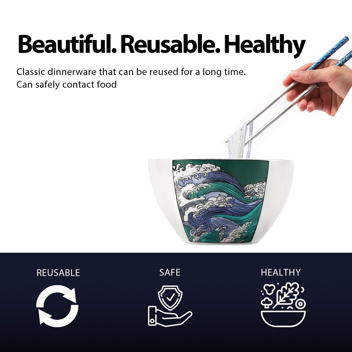 Wave Ceramic Ramen Bowl With Reusable Stainless Steel Chopsticks