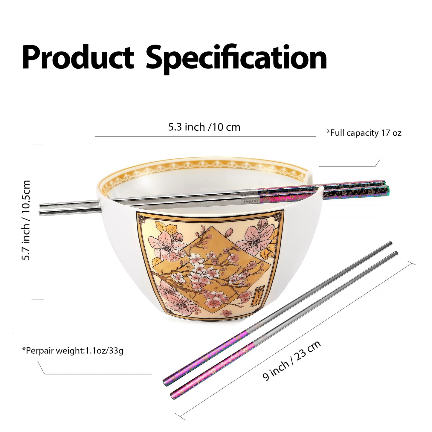 Cherry Blossom Ceramic Ramen Bowl With Reusable Stainless Steel Rainbow Chopsticks
