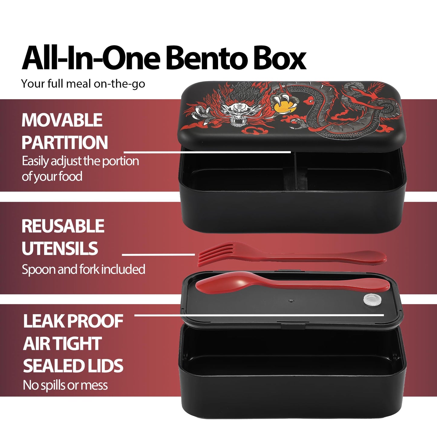 Dragon Bento Box 2 Tier Japanese Lunch Box with Spoon and Fork 800ml
