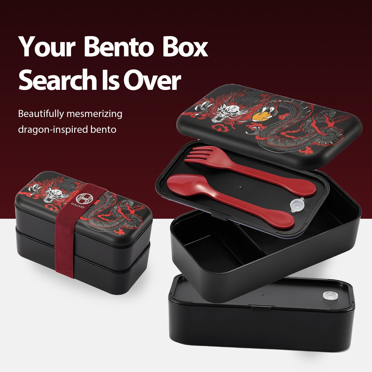 Dragon Bento Box 2 Tier Japanese Lunch Box with Spoon and Fork 800ml