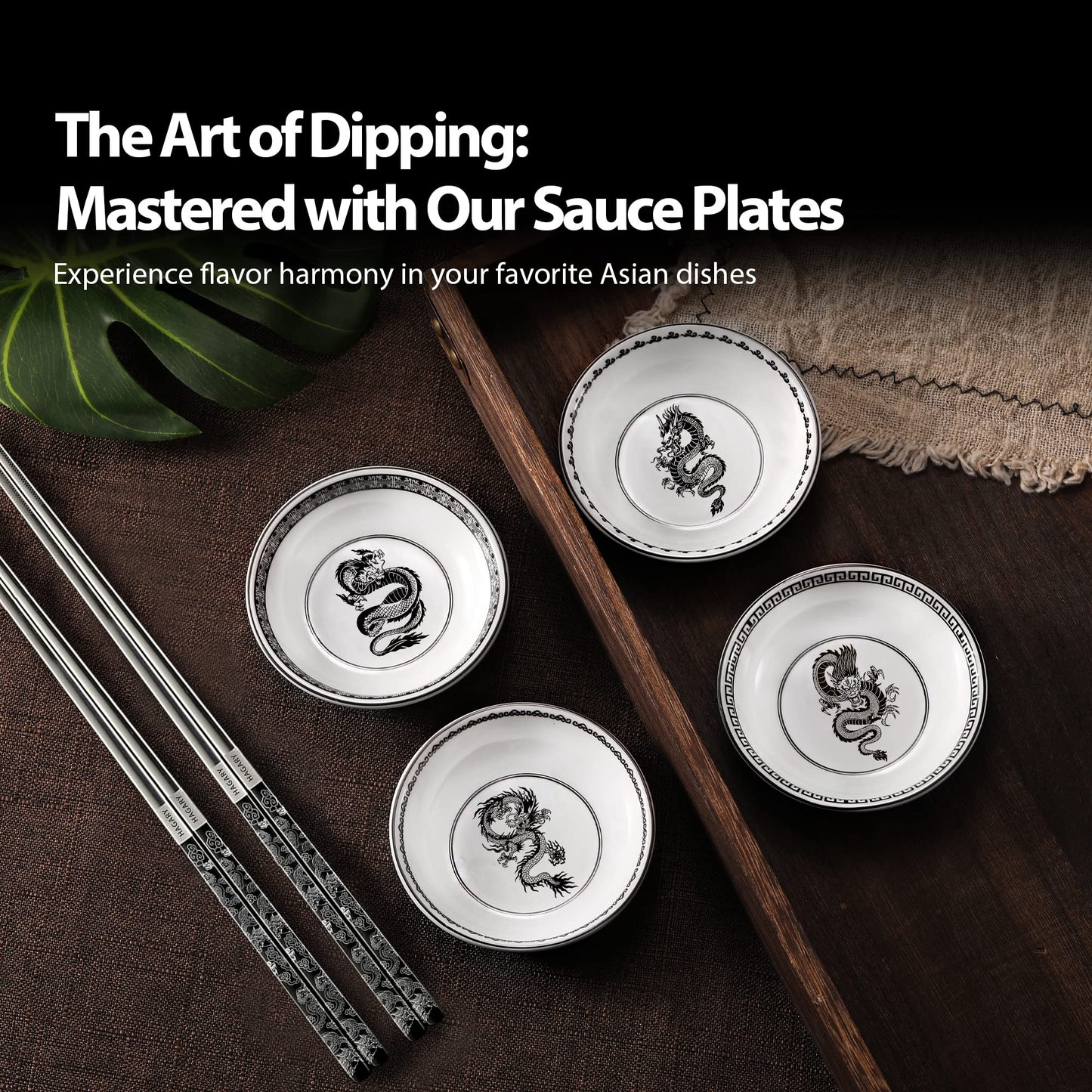 4 Dragon Dipping Bowls with 1 Pair of Dragon Chopsticks Plate Ware Set