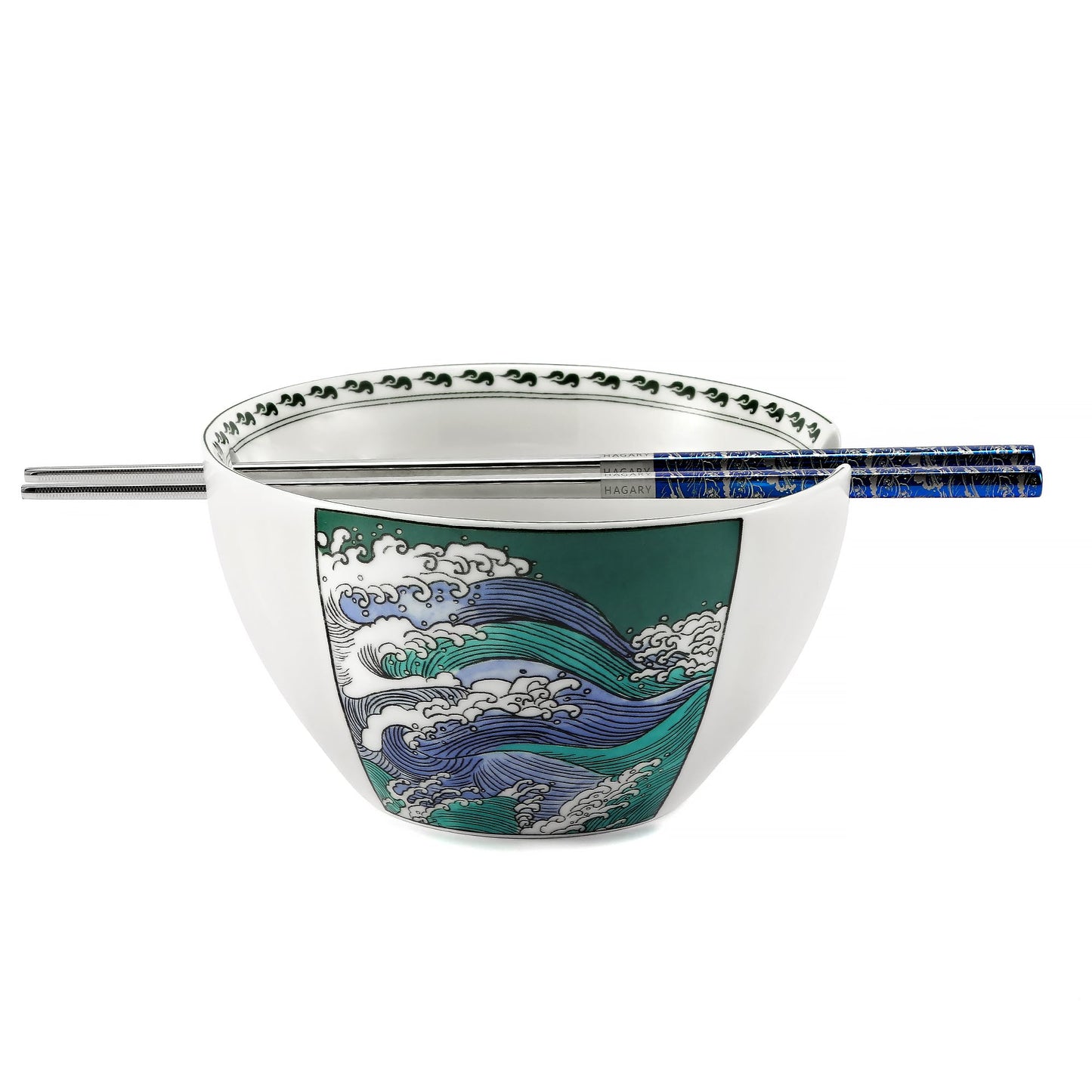 Wave Ceramic Ramen Bowl With Reusable Stainless Steel Chopsticks