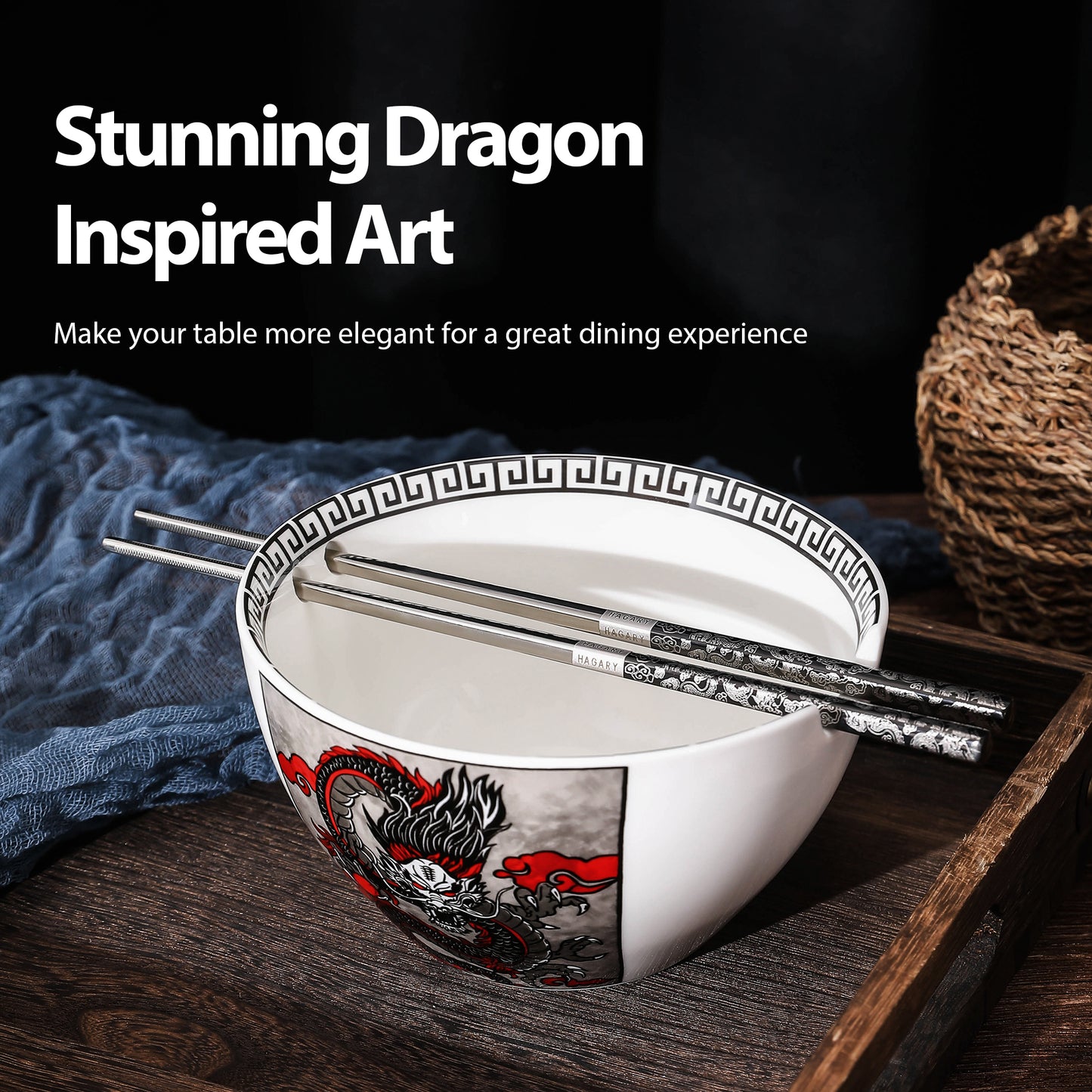 Dragon Ceramic Ramen Bowl With Reusable Stainless Steel Chopsticks