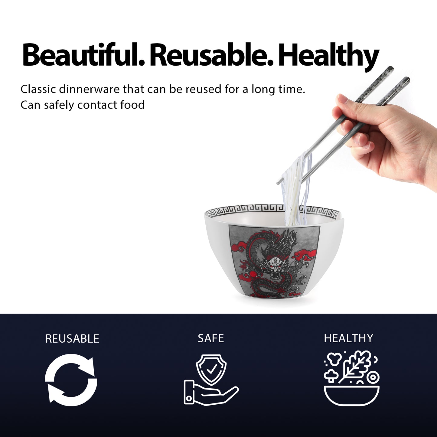 Dragon Ceramic Ramen Bowl With Reusable Stainless Steel Chopsticks