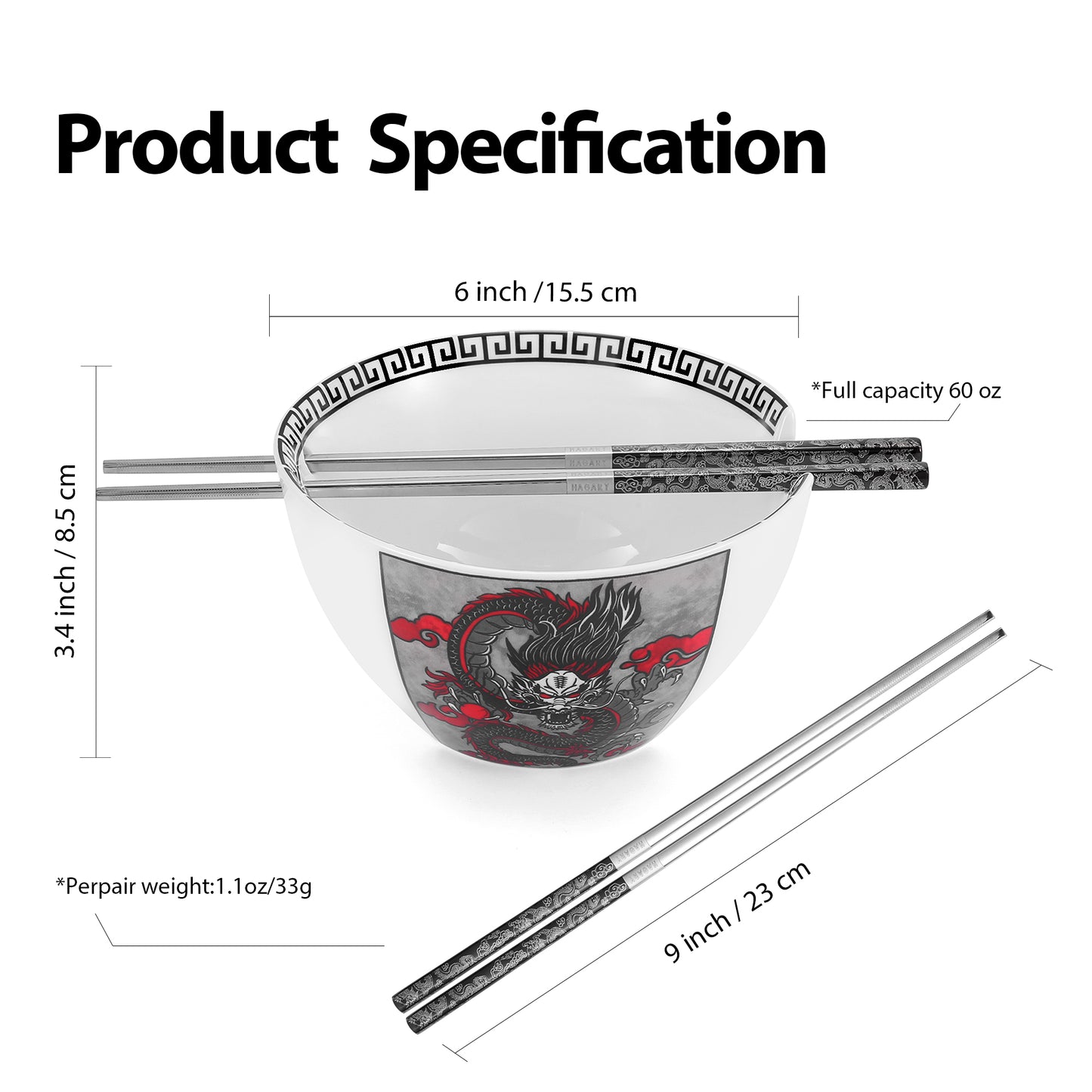 Dragon Ceramic Ramen Bowl With Reusable Stainless Steel Chopsticks