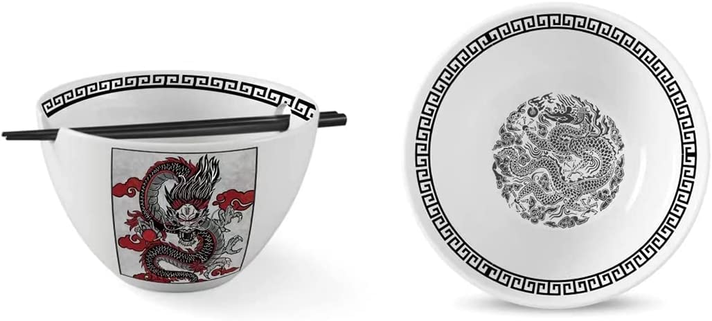 Dragon Ceramic Ramen Bowl With Reusable Stainless Steel Chopsticks