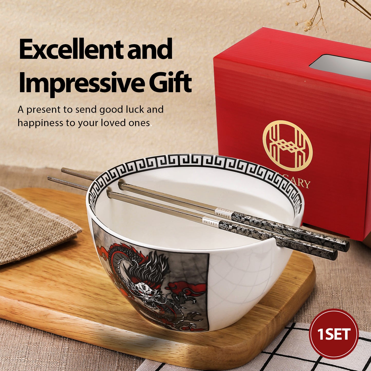 Dragon Ceramic Ramen Bowl With Reusable Stainless Steel Chopsticks