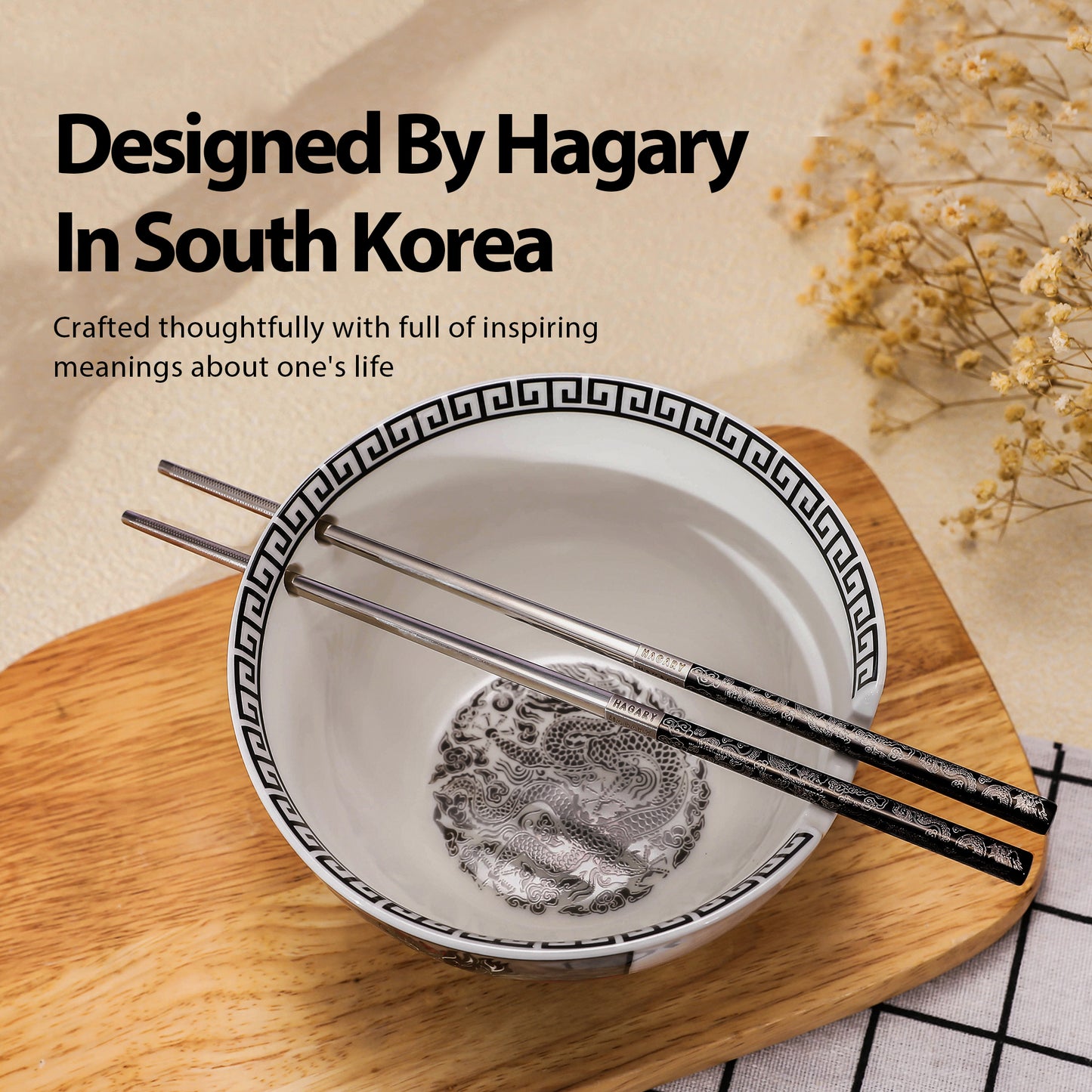 Dragon Ceramic Ramen Bowl With Reusable Stainless Steel Chopsticks