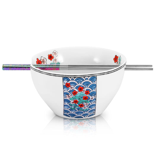 Cherry Blossom Ceramic Ramen Bowl With Reusable Stainless Steel Chopsticks