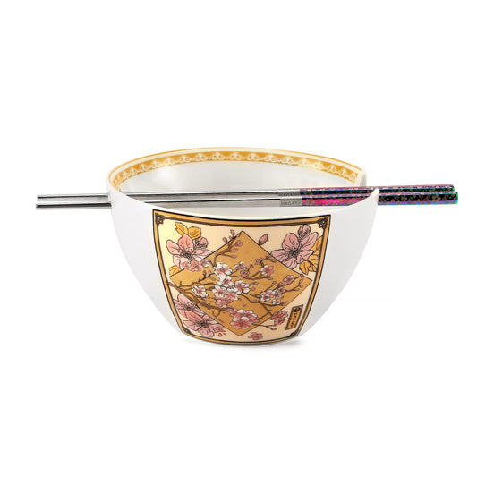 Cherry Blossom Ceramic Ramen Bowl With Reusable Stainless Steel Rainbow Chopsticks