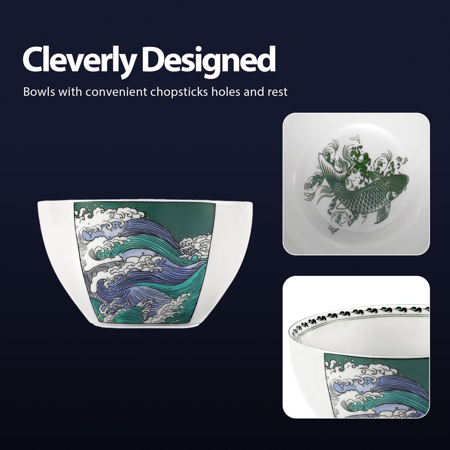 Wave Ceramic Ramen Bowl With Reusable Stainless Steel Chopsticks