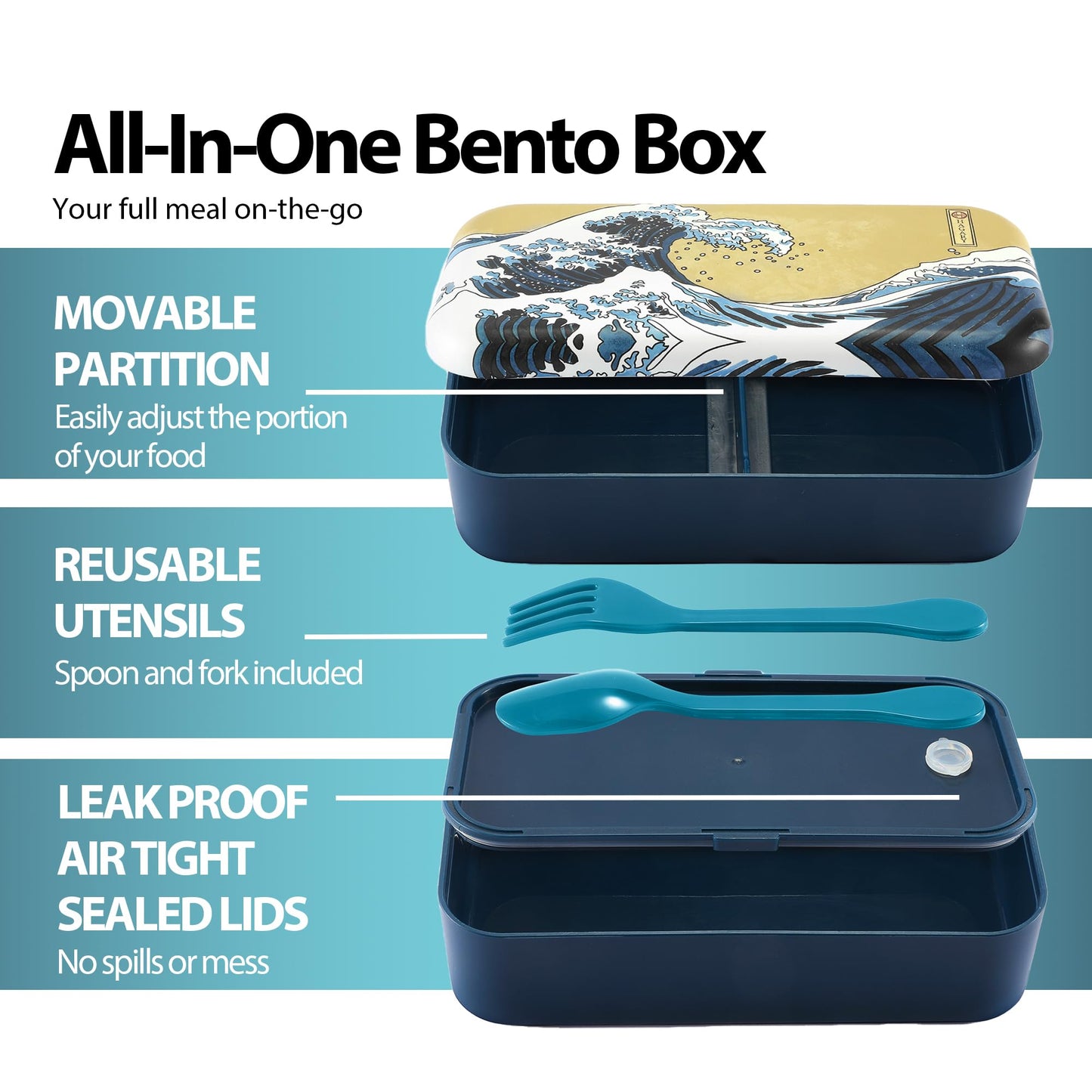 Wave Bento Box 2 Tier Japanese Lunch Box with Spoon and Fork 800ml