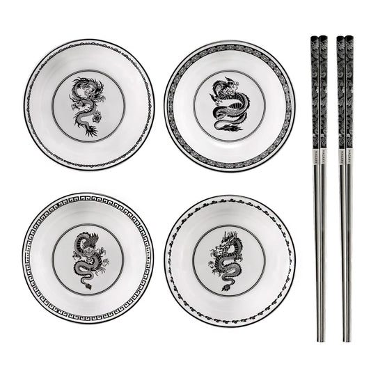 4 Dragon Dipping Bowls with 1 Pair of Dragon Chopsticks Plate Ware Set