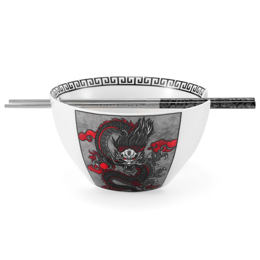 Dragon Ceramic Ramen Bowl With Reusable Stainless Steel Chopsticks